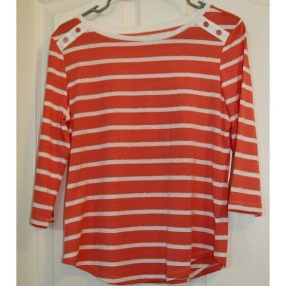 Coral Bay Striped Top 3/4 Sleeves Tee Orange White Metallic Womens Petite Medium - Picture 1 of 6